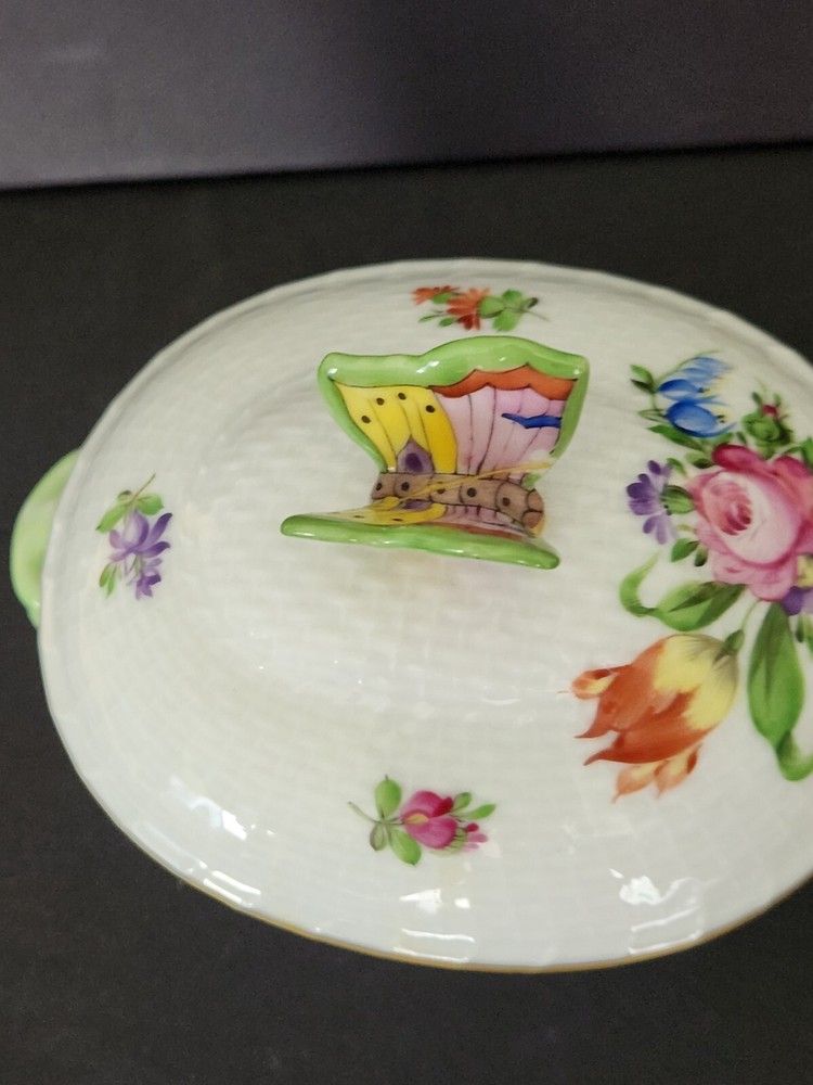 Herund Hungary Hand Painted Sugar Basin With Butterfly Handle