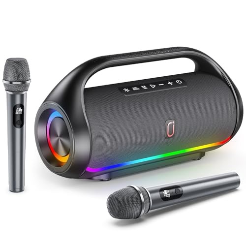 Portable Bluetooth Speaker with 2 Wireless Microphones, IPX5 2 Wireless Mics