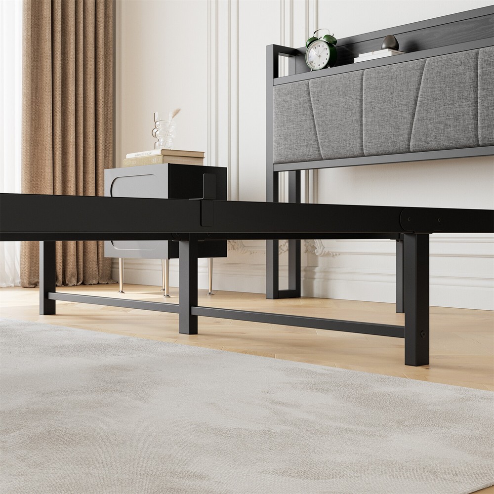 Queen Size Bed Frame Metal Platform Bed w/ Storage Headboard & Charging Station