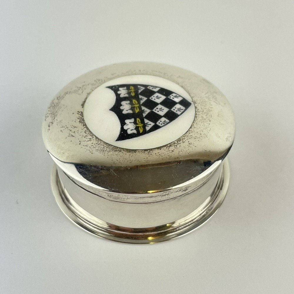 Antique Solid Silver Enamel Pill Box Armorial John William Barrett 1920 3.8cm
