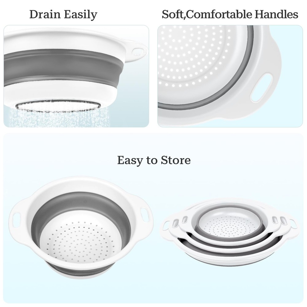 Collapsible Colander 3-Pack Set Space-Saving Foldable Kitchen Strainer with N...