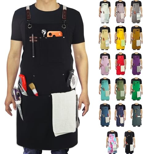 Kitchen Apron, Work Apron, Canvas, Multiple Pockets, Gardening, 1 Black