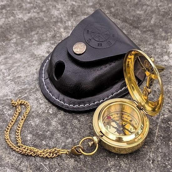 Brass Sundial Compass with Leather Case and Chain, Push Open Compass