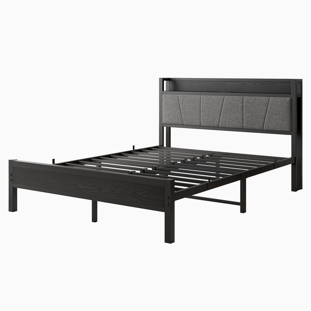 Queen Size Bed Frame Metal Platform Bed w/ Storage Headboard & Charging Station