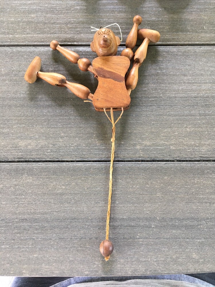 Vintage Hand Carved From India Wood Boy Monkey Bear String Pull Puppet Toy