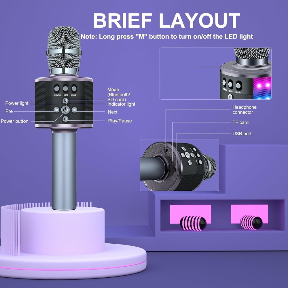 Portable Karaoke Microphone with Bluetooth Connectivity & Exciting LED Effects