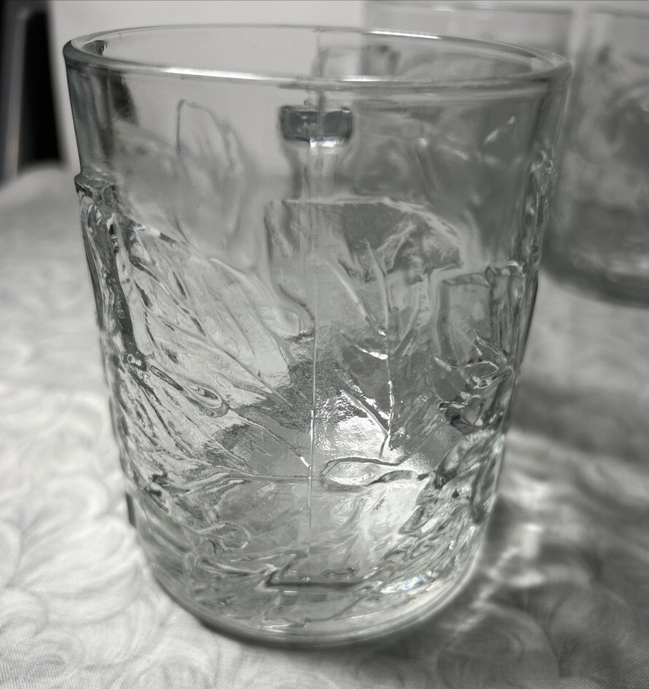 2 KIG Indonesia Clear Glass Grape & Leaf Pattern Cups Mugs 4"
