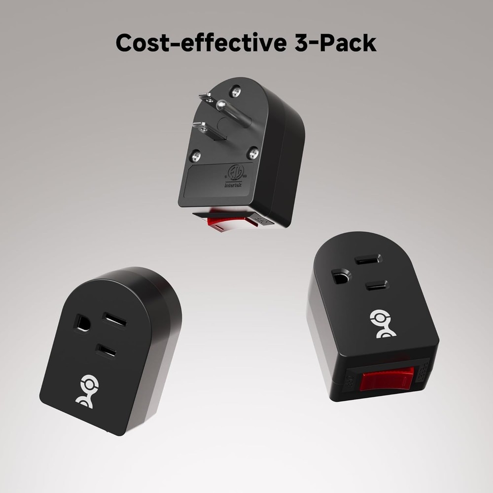 3 Pack Grounded Outlet With ON Off Switch Single Plug In Power Button Black NEW