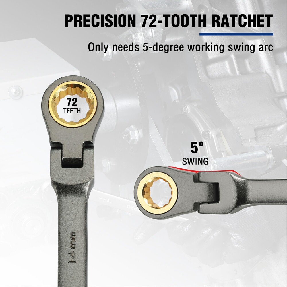 WORKPRO 14mm Flex-Head Ratcheting Combination Wrench, 72-Teeth Cr-V Constructed