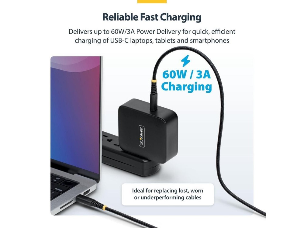 StarTech.com 10ft (3m) USB-C Charging Cable, 60W (3A) PD, Dual-Layer Braided Nyl