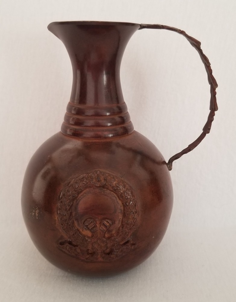 Indian Rustic Metal Brown Pitcher Leaf Design Handle Table/ Counter Decor