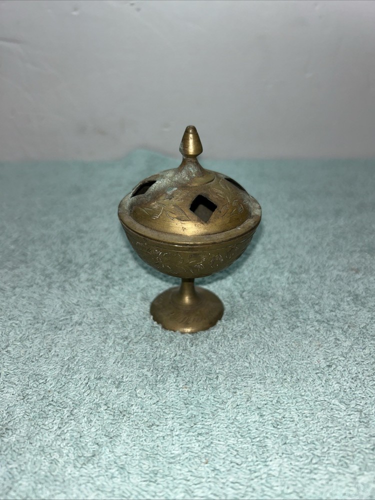 VINTAGE ETCHED BRASS CHALICE/GOBLET/INCENSE BURNER - INDIA
