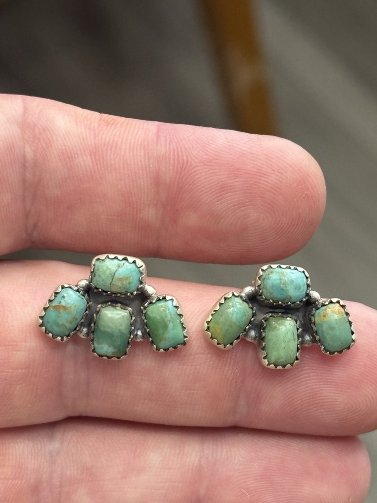 STERLING SILVER TURQUOISE 4 STONE HALF CLUSTER STUD POST EARRINGS .925