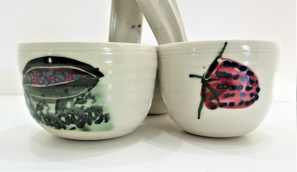 Pottery Condiment Dish Server 3 Section Artisan Made Hand Painted Fruit Signed