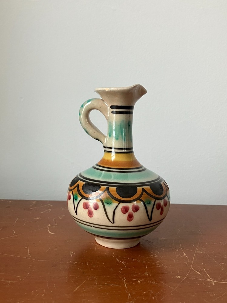 handmade handpainted small ceramic multicolor bud vase pitcher shaped