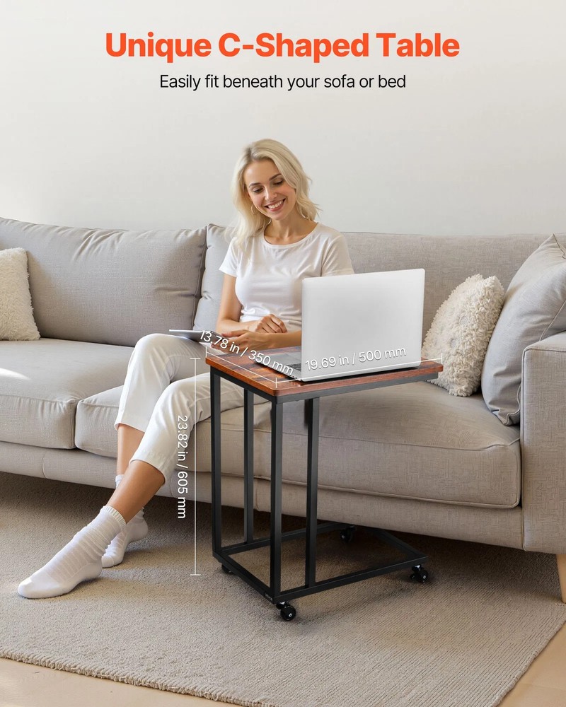 C Table, C Shaped Sofa Side Table with Metal Frame Rolling Casters, Portable C