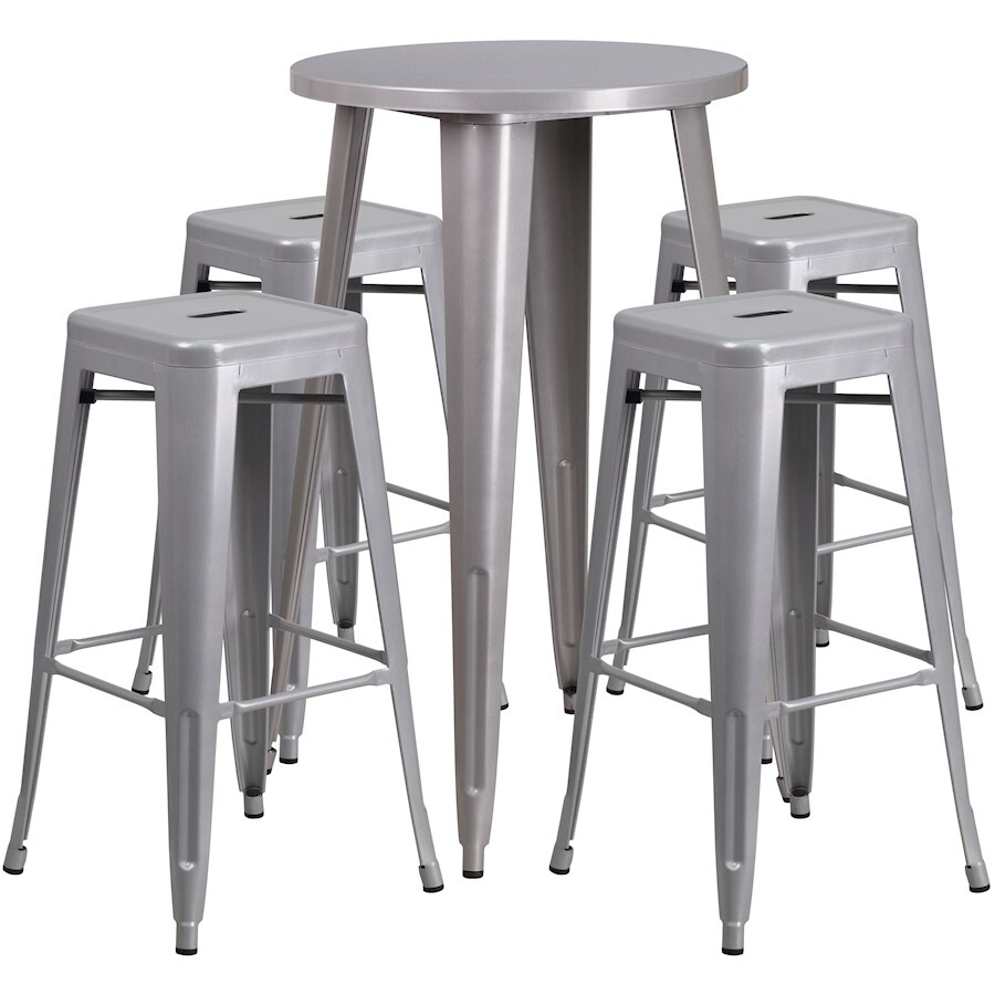 Flash Commercial Grade 24" Round Silver Metal Bar Table Set & 4 Backless Stools