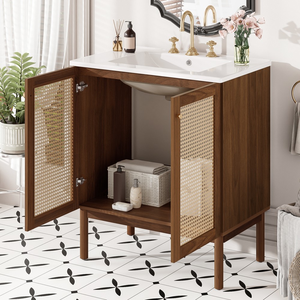 30-inch Bathroom Vanity w/ Bamboo Doors & Soft-Close, Dark Walnut