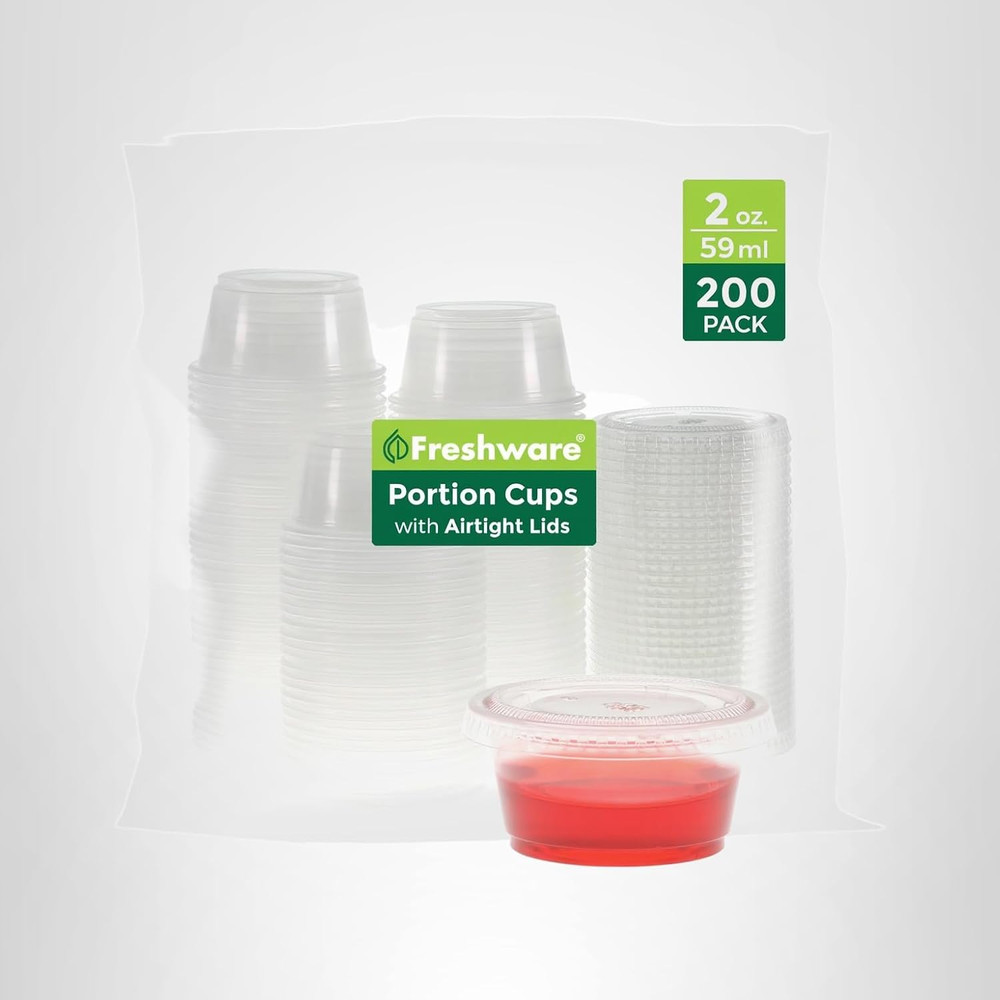 Freshware Plastic Portion Cups with Lids [2 Ounce, 200 Set] Disposable Plastic C