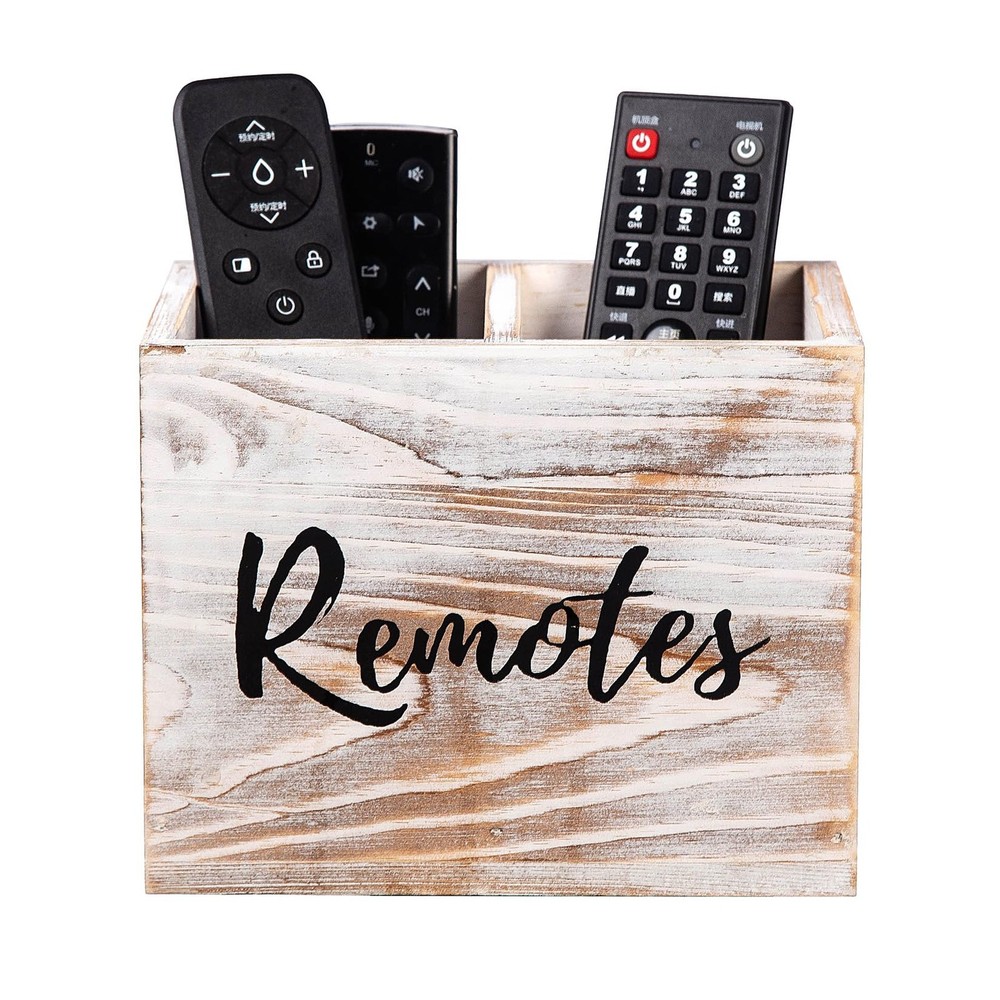 Rustic Two Slot Whitewashed Wood Remote Control Holder Tabletop Organizer Des...