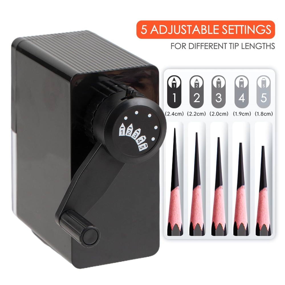 Marie's Long Point Manual Pencil Sharpener, 5-Level Adjustable Hand Crank Sha...