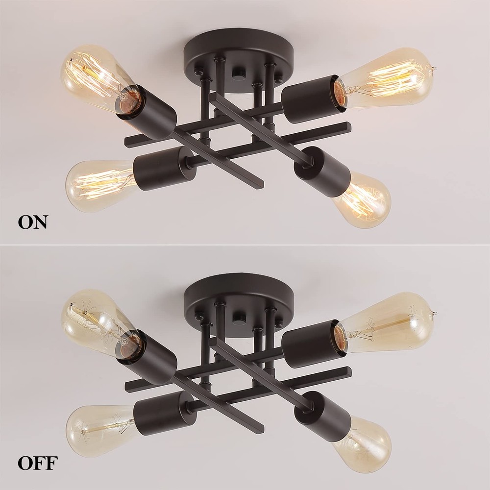 4-Light Semi Flush Mount Ceiling Light Fixtures, Black Mid-Century Modern Ind...