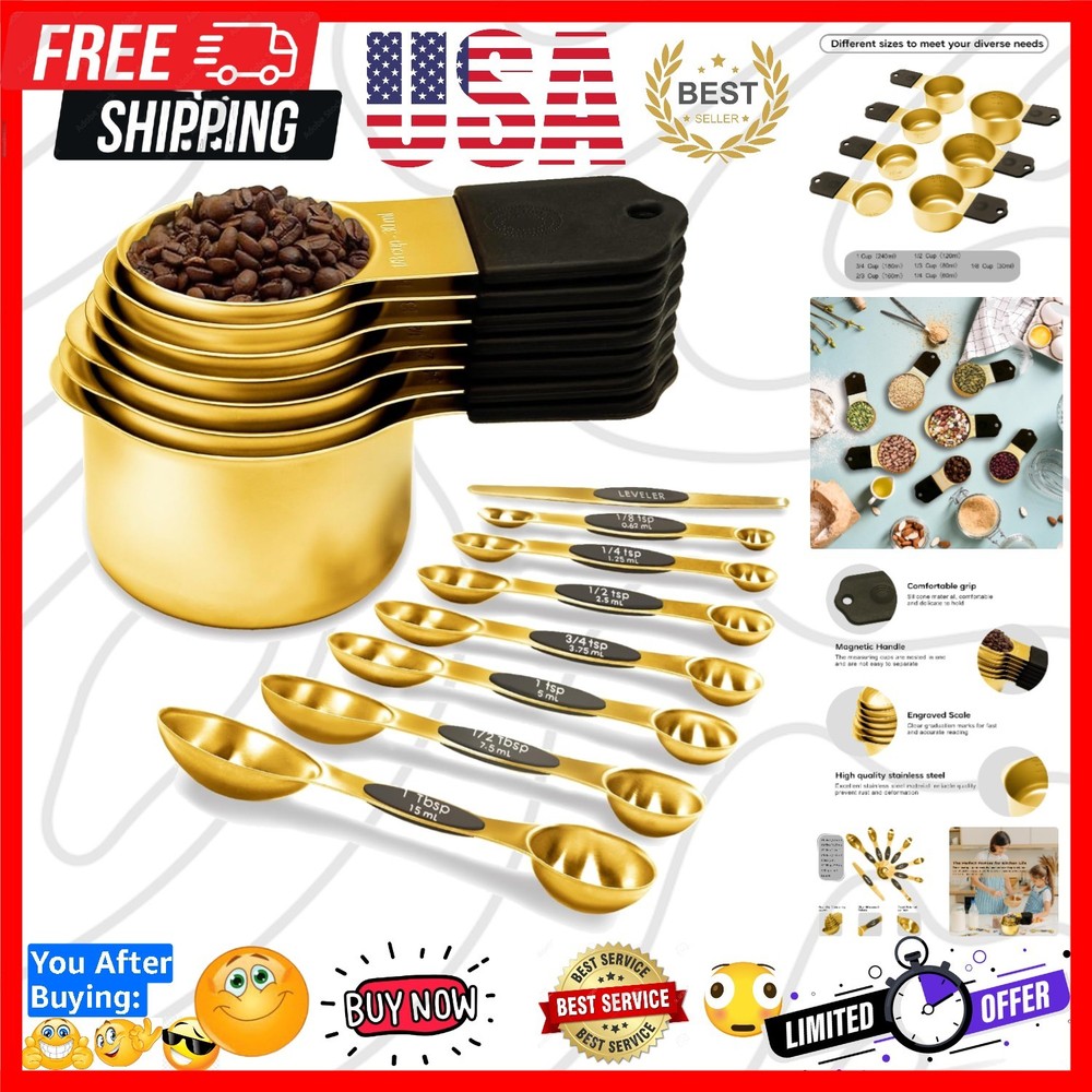 Stackable Gold Magnetic Measuring Cups and Spoons Set for Smart Kitchens