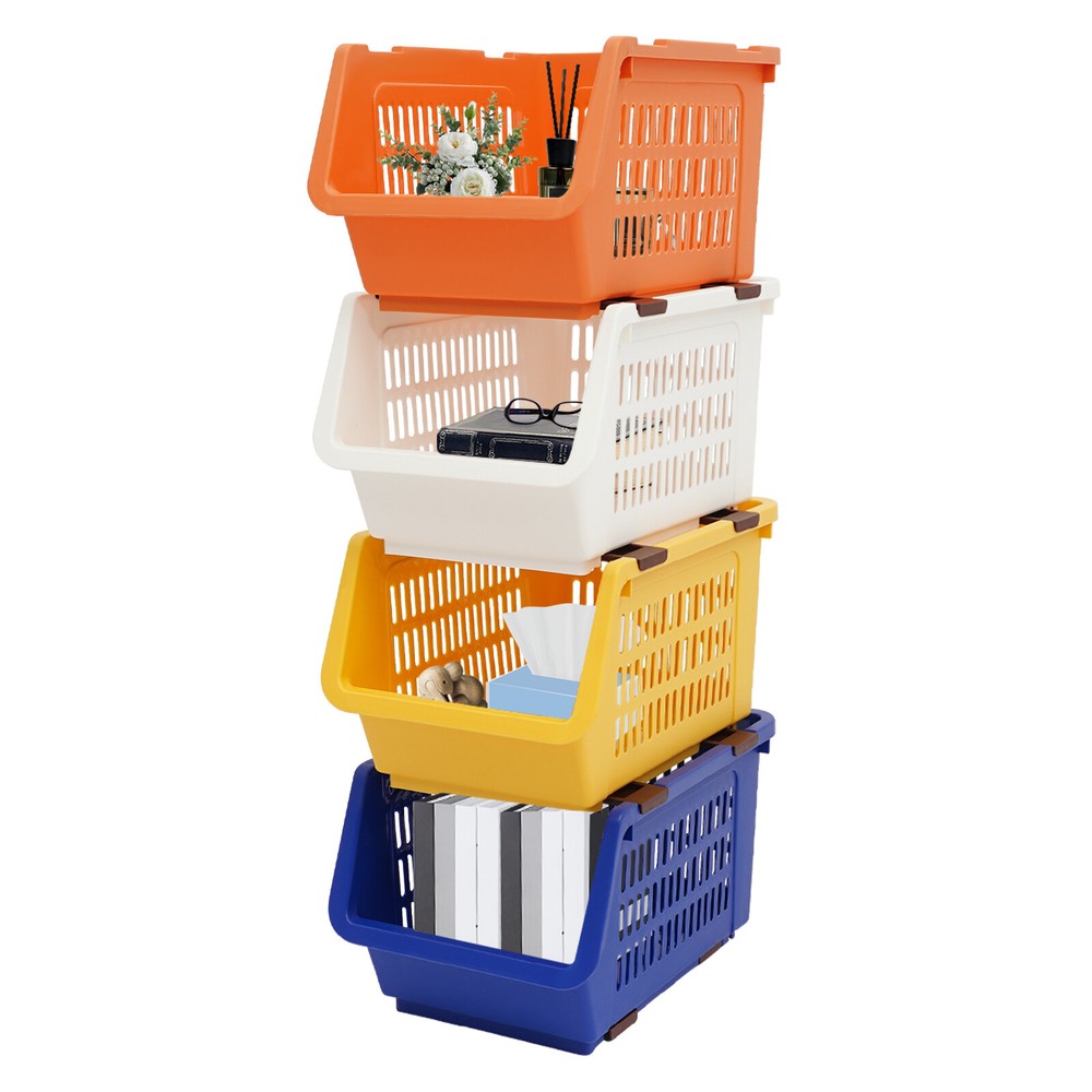 4 PCS Stacking Storage Baskets, Multi-tiered Plastic Stackable Organizer Bins