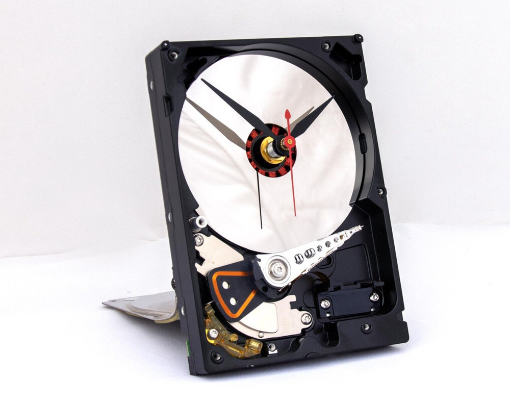 Recycled computer hard drive desk clock, Quartz, time, battery, upcycle, PC,