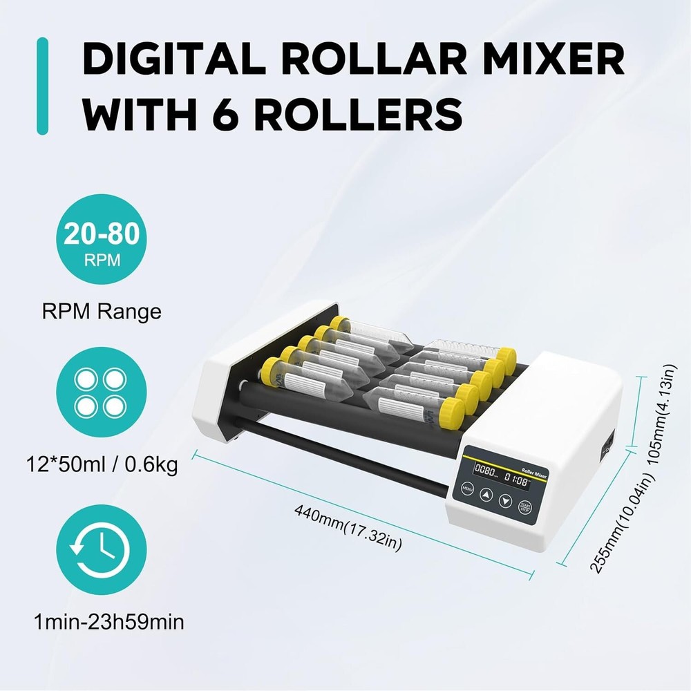 Lab Roller Mixer LCD Display with 6 Rollers Length 28cm Rotating Shaking