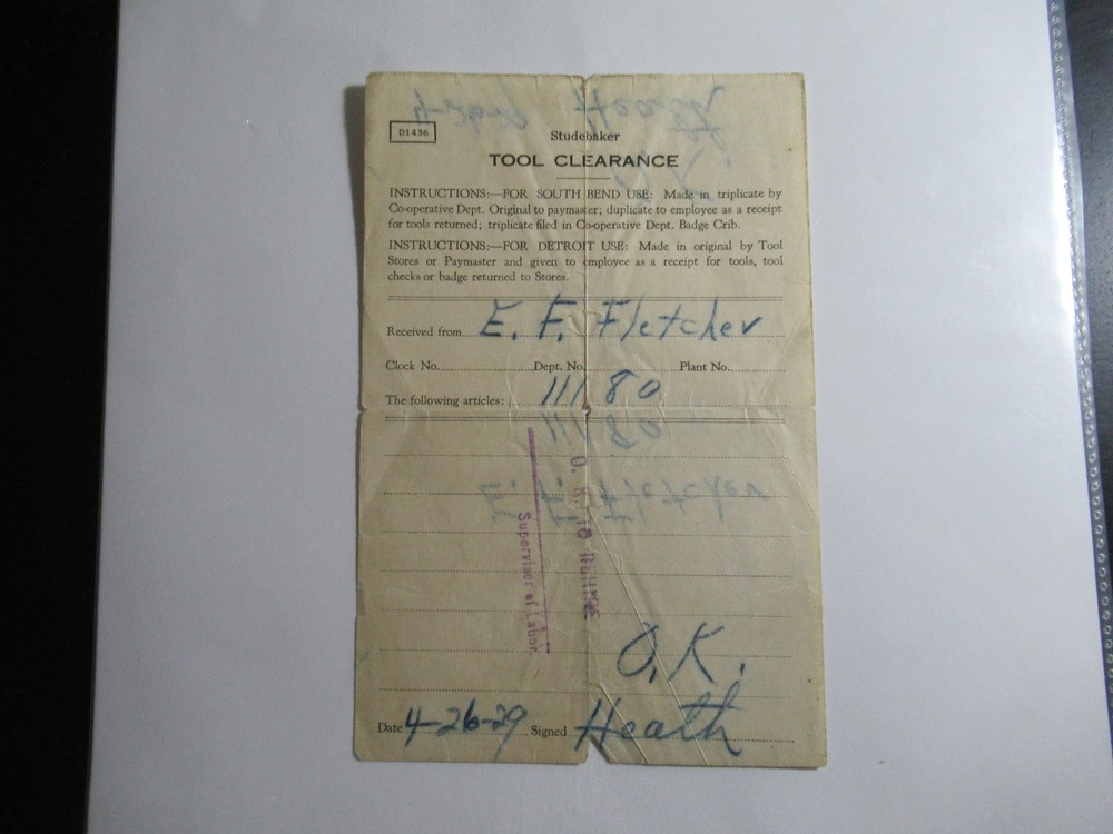 1929 STUDEBAKER TOOL CLEARANCE FORM