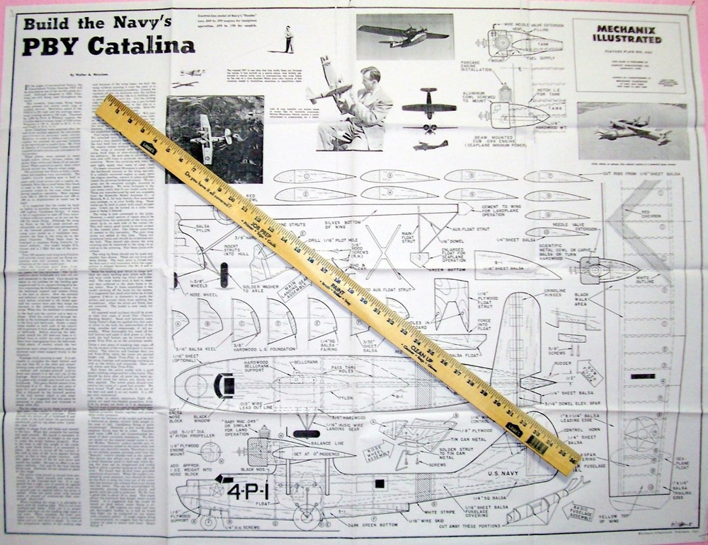 PBY CATALINA PLAN + INSTRUCTIONS & PARTS PATTERNS for 35" UC Model Airplane
