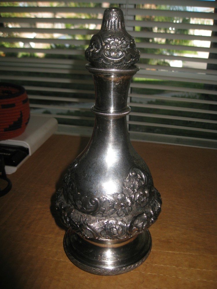 F Signed 10" 1850 Austrian Empire Silver Repousse Decanter & Matching Cap RARE