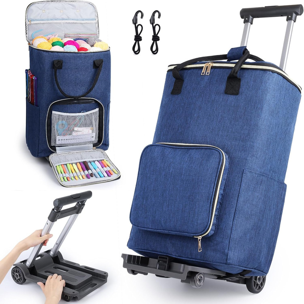Extra Large Portable Crochet Bag with Wheels & Telescoping Handle
