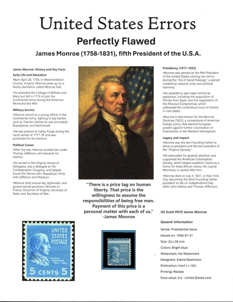 Perfectly Flawed SN 810 MNH - Misperf on Presentation Panel 8.5” X 11”