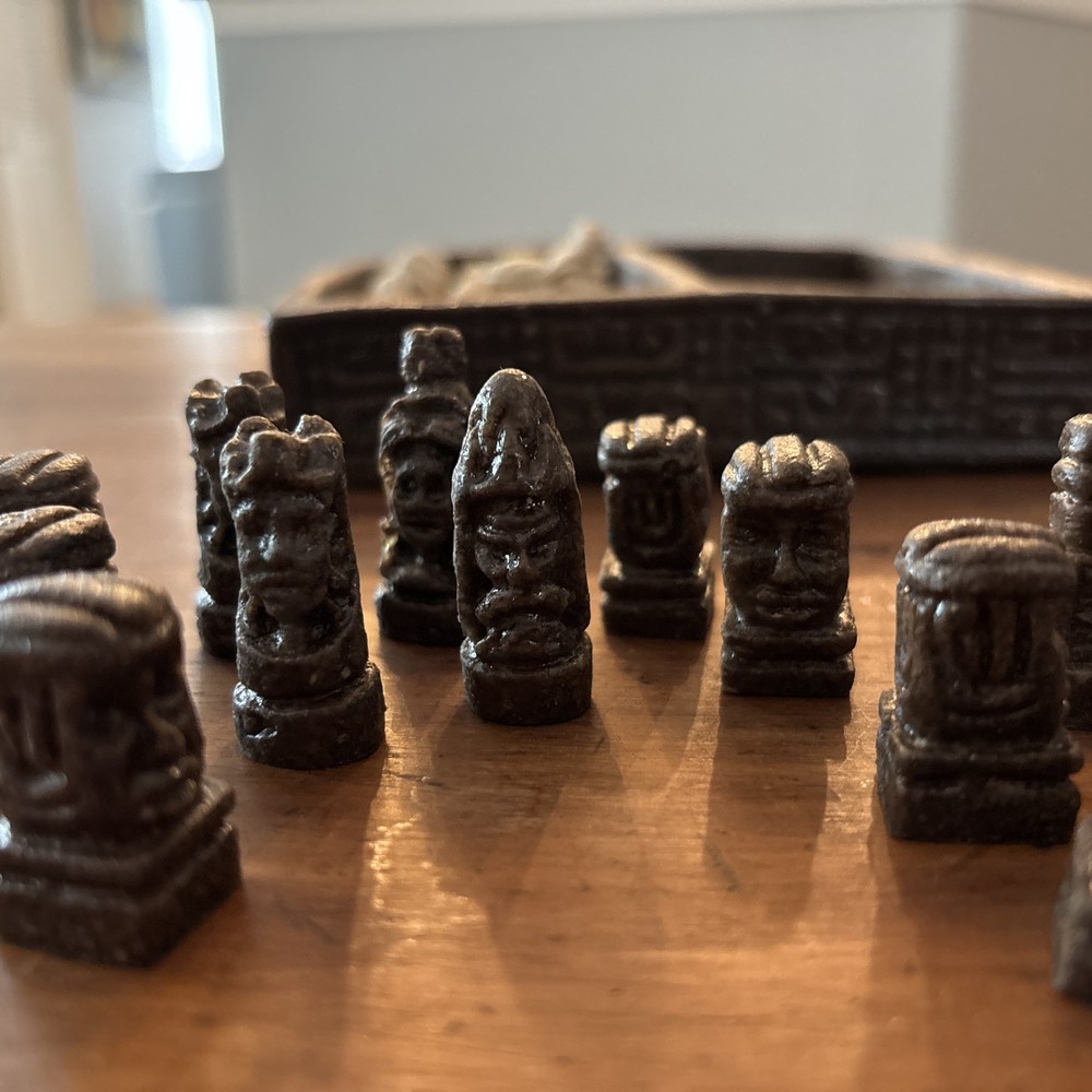 Vintage Mini Mayan Aztec Chess Set Complete Brown & Cream
