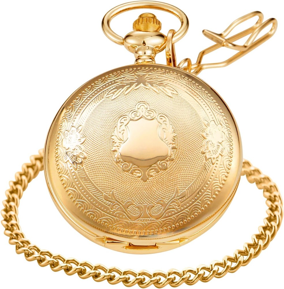 Gold Smooth Shield Round Case Quartz Pocket Watch Movement with...