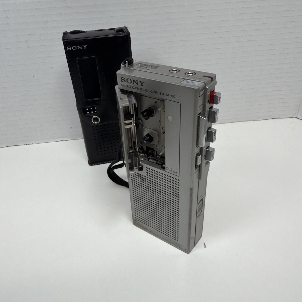 Sony Micro Cassette Recorder M-203 w/ Leather Case -Powers On NEEDS BELTS