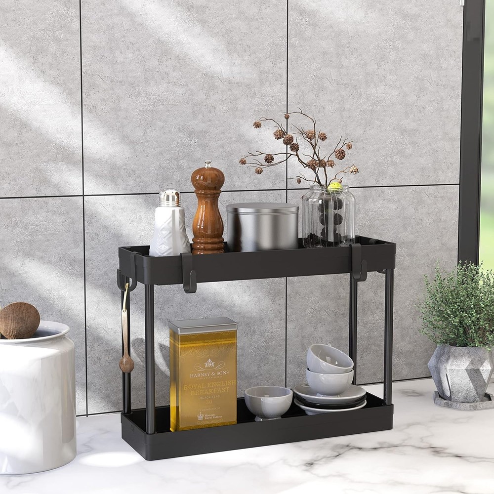 2-Tier Under Sink Organizer Storage Tray with Hooks Black