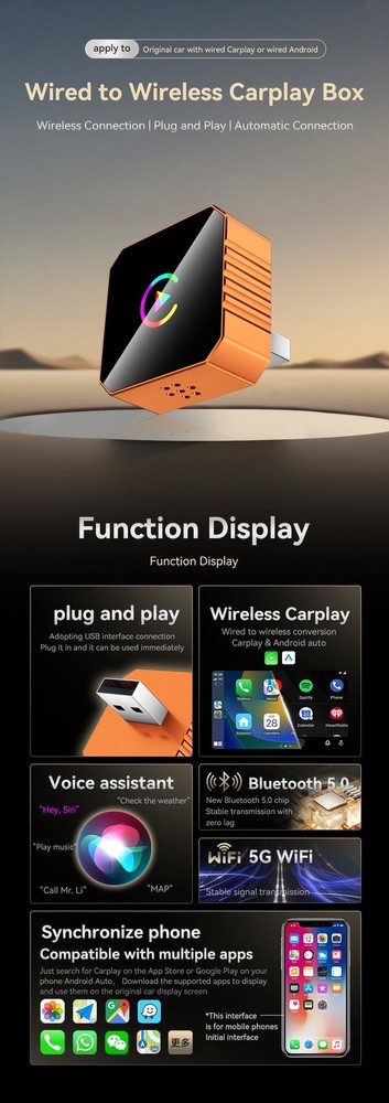 2-in-1 Wireless CarPlay Adapter Plug&Play USB Mirroring Screen for iPhone iOS10+