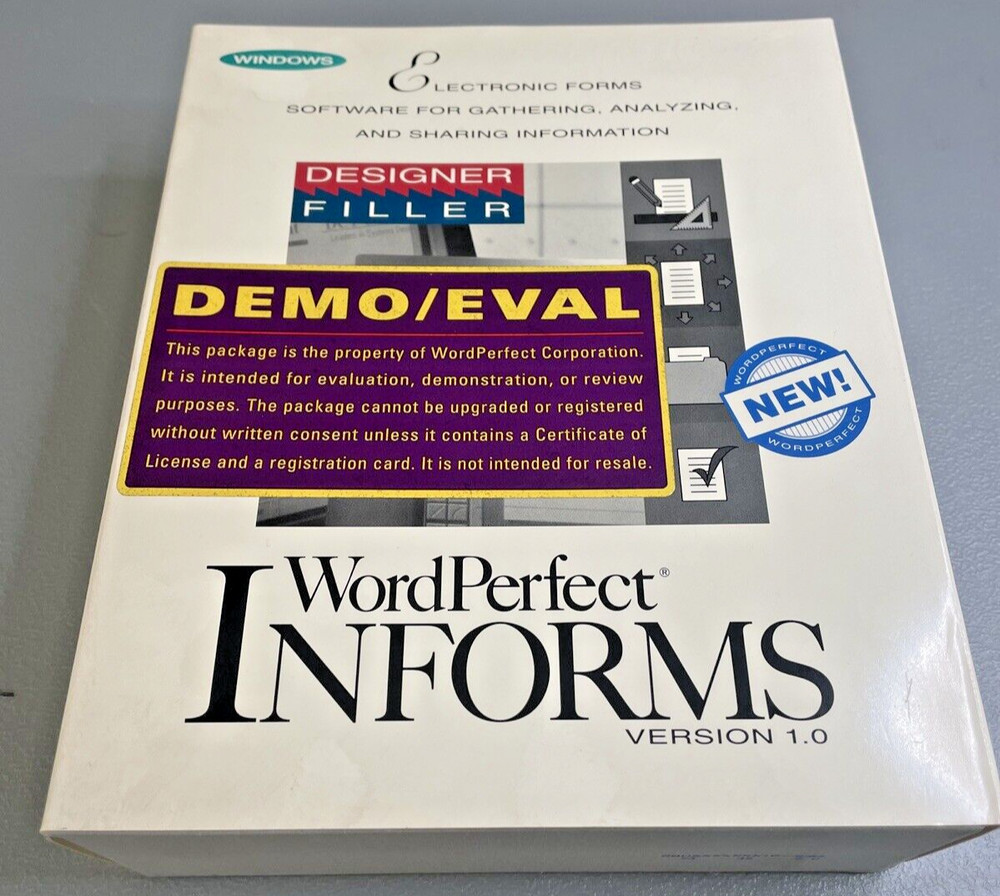 WordPerfect Informs Version 1.0 Windows Demo Eval Software BIG BOX New 1993 PC
