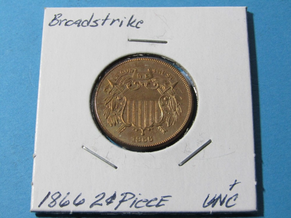 1866-P Two Cent Piece 2C Broadstrike Error - Uncirculated+