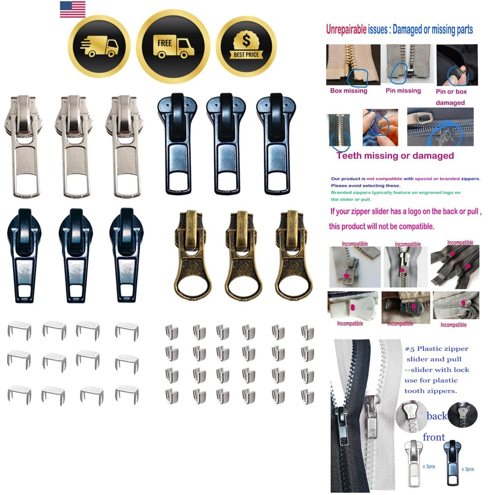 12 Pcs Zipper Pull Replacement 5 Zippers Repair Kit Lockable Sliders, Bottom ...