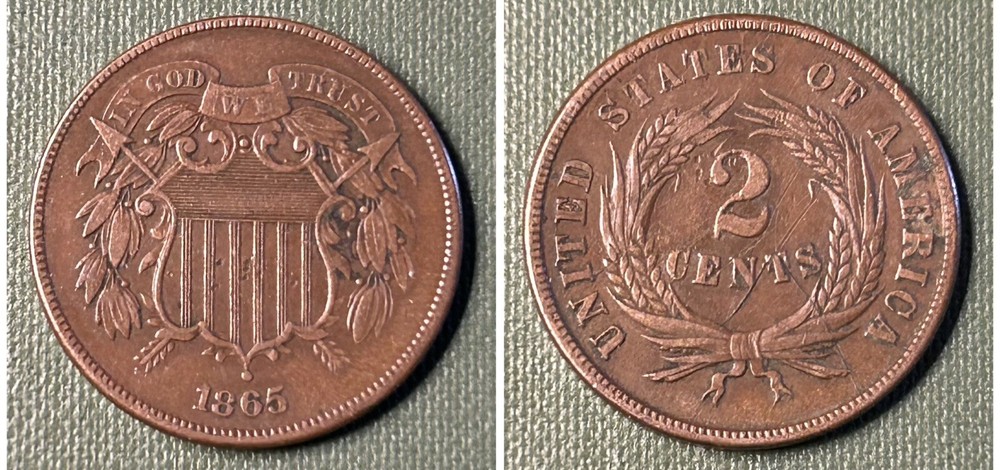 1865 Two Cent Piece - Free Shipping - Nice 2C Brown