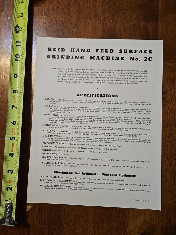 REID PRECISION GRINDERS MODEL 2-C SHEET