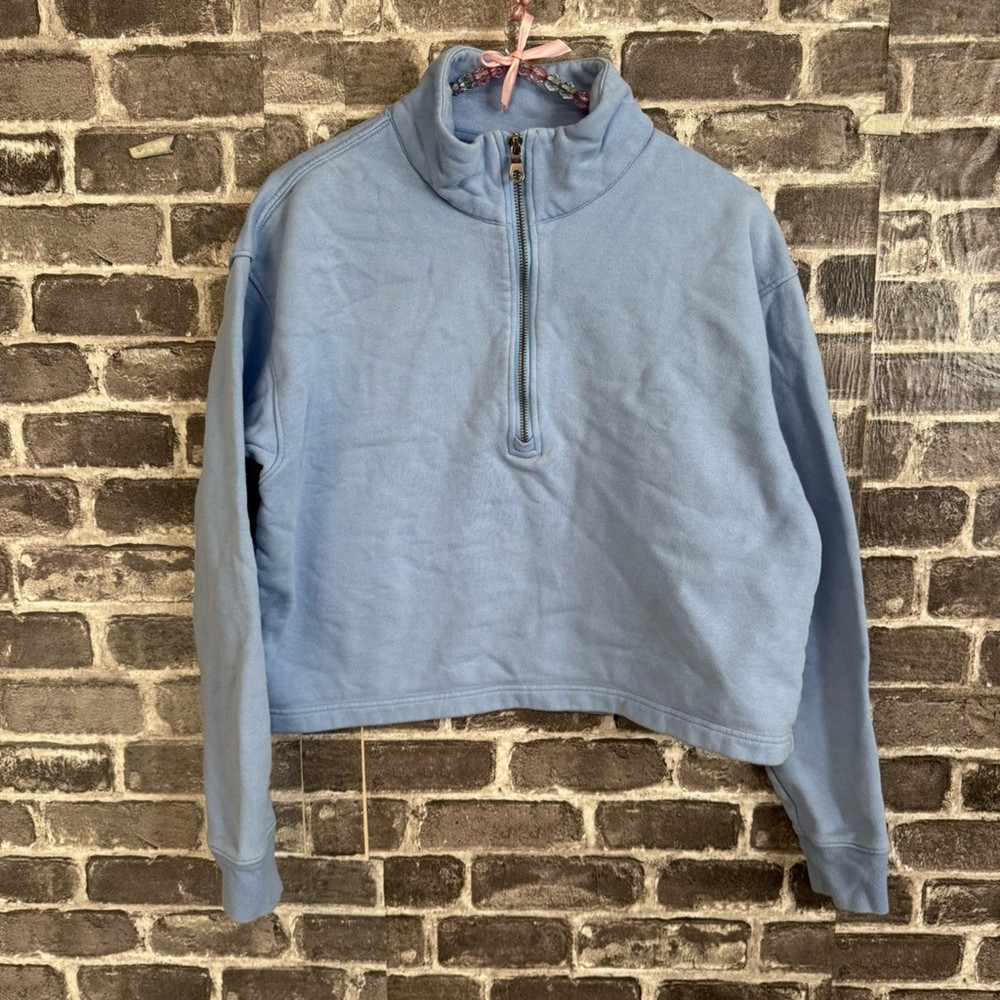 Girlfriend Collective 1/2 zip cropped pullover sweater blue SIZE MEDIUM M