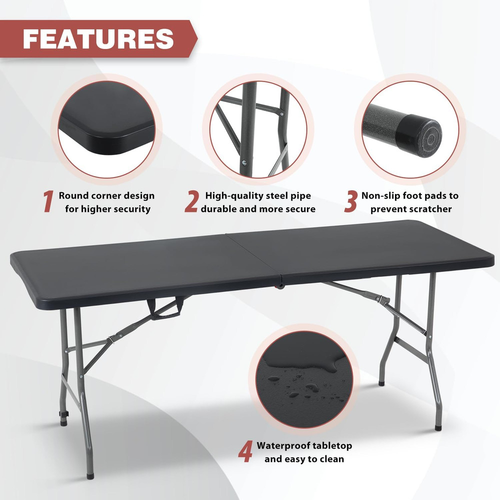 Folding Half Portable Foldable Table for Parties Backyard Events (White, 6 FT 70