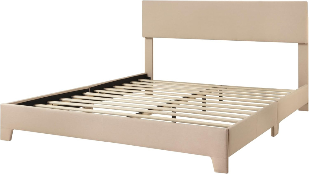 Queen Size Bed Frame with Adjustable Headboard, Upholstered Platform Bed with Wo