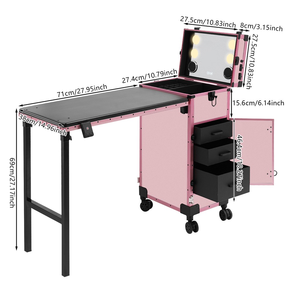 Rolling Makeup Case With Mirror Light Bluetooth Speaker Black Pink Lockable