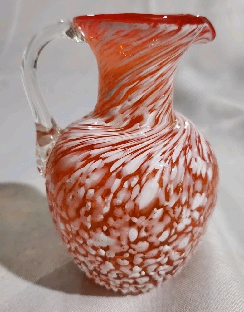 4"T Hand Blown Orange Spatterware Clear Handled Pitcher
